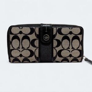 Coach Black Grey Signature Jacquard Canvas Leather Pattern Accordion Zip Wallet